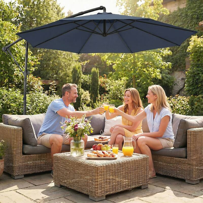 Outsunny 10 ft Offset Patio Umbrella with Cover, Round Hanging Cantilever Umbrella with 6-Position 360° Rotation, Sky Blue - Navy Blue