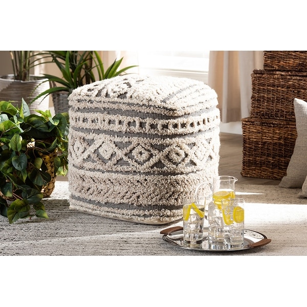 Ryan Moroccan Inspired Beige and Brown Handwoven Hemp Pouf Ottoman