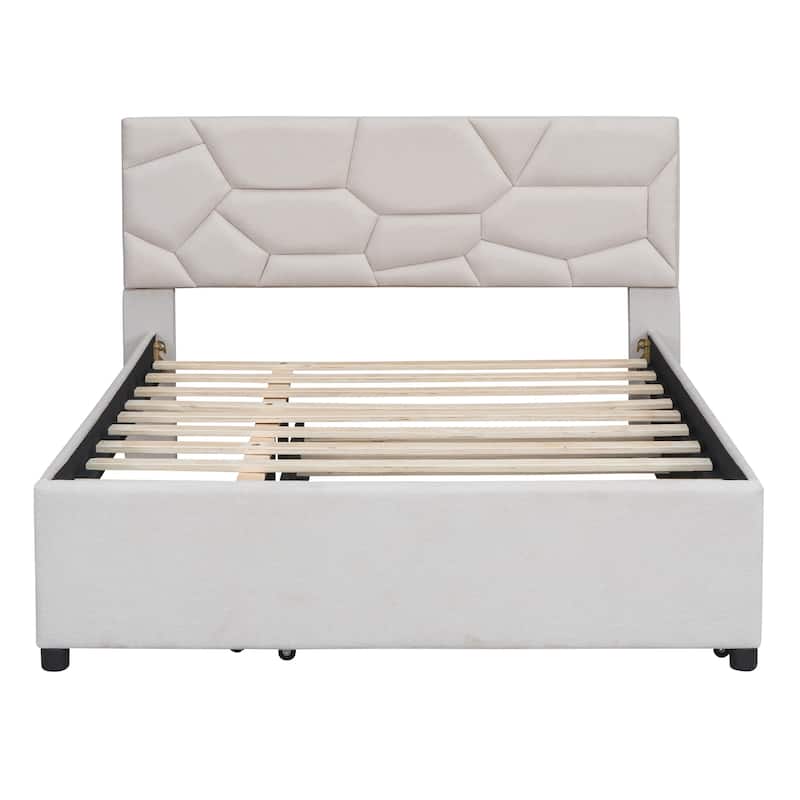 Beige Full Size Upholstered Platform Bed with Brick Pattern Headboard and Twin Size Trundle