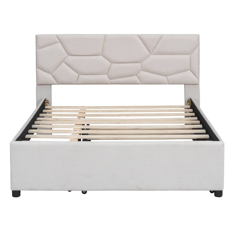 Full Size Upholstered Platform Bed with Brick Pattern Headboard and Twin Trundle, Linen Fabric, Beige