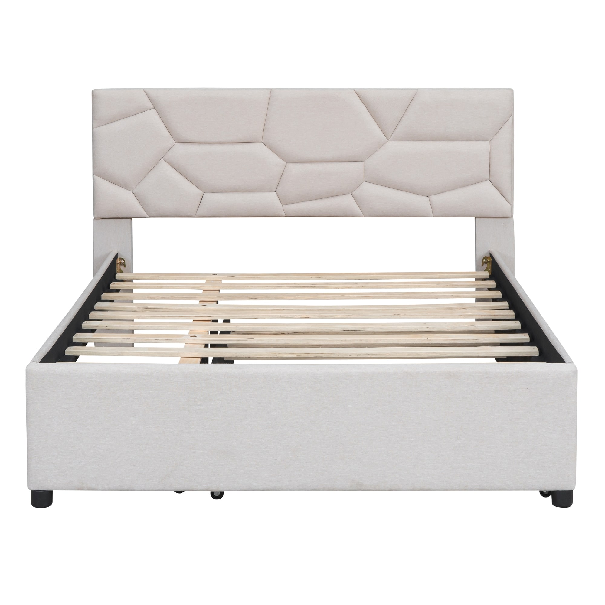 Linen Fabric Frame Platform Bed Grounded Bed w/ Trundle Brick Pattern