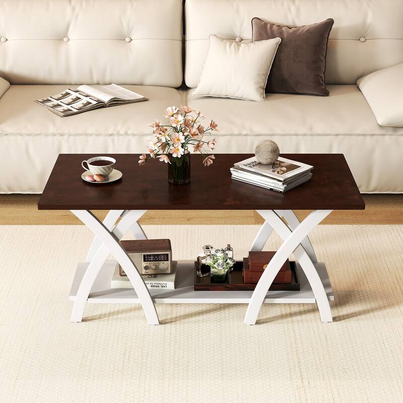 Gymax 2-Tier Coffee Table w/Storage Shelf & X-shaped Legs for Living