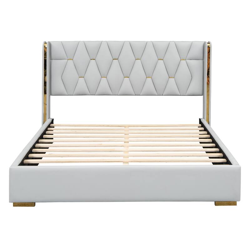 Modern PU Upholstered Bed with Metal Strips