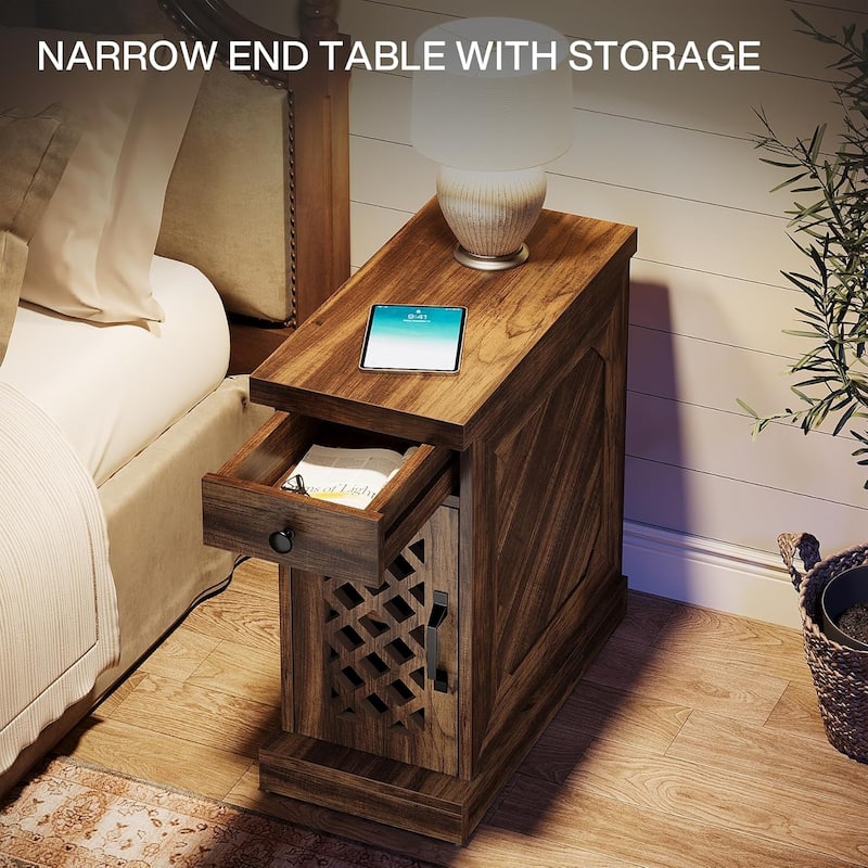 End Table with Drawer & Cabinet, 11.8" Slim Nightstand Brown