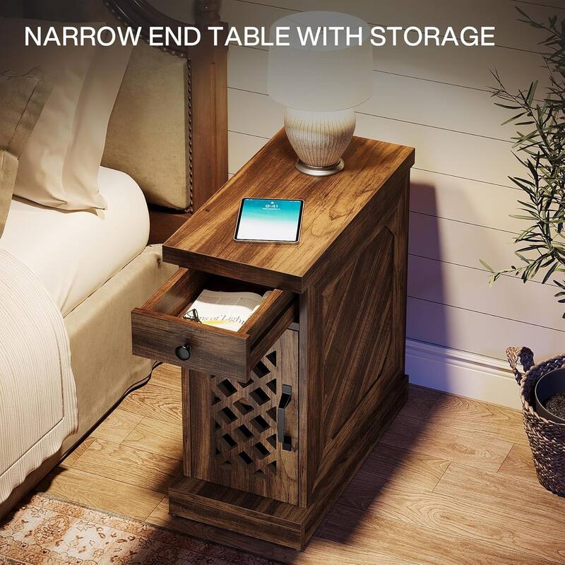 Narrow End Table with Drawer & Cabinet, 11.8" Slim Nightstand for Small Spaces, Farmhouse Side Table with Storage Shelf