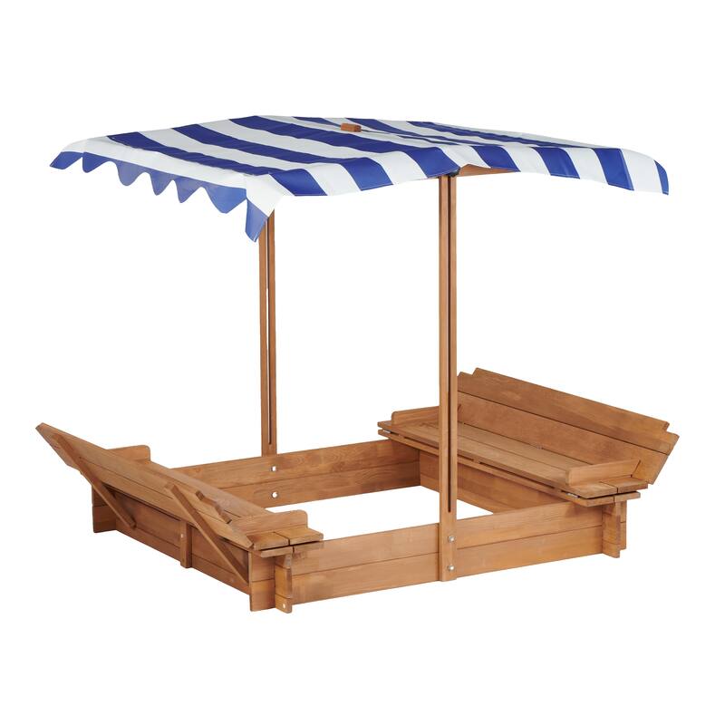 Kids Sandbox with Adjustable Cover, 46" Wooden Sand Box with 2 Foldable Bench Seats, Outdoor Sandpit for Backyard Play