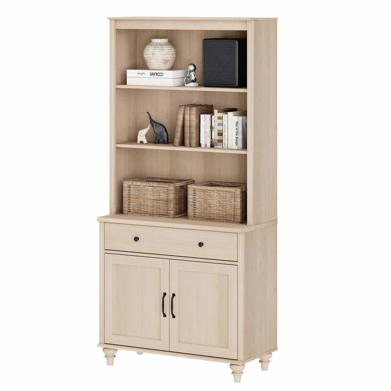 Light Beige Bookcase with Doors, Large Wood Farmhouse Book Case Shelf