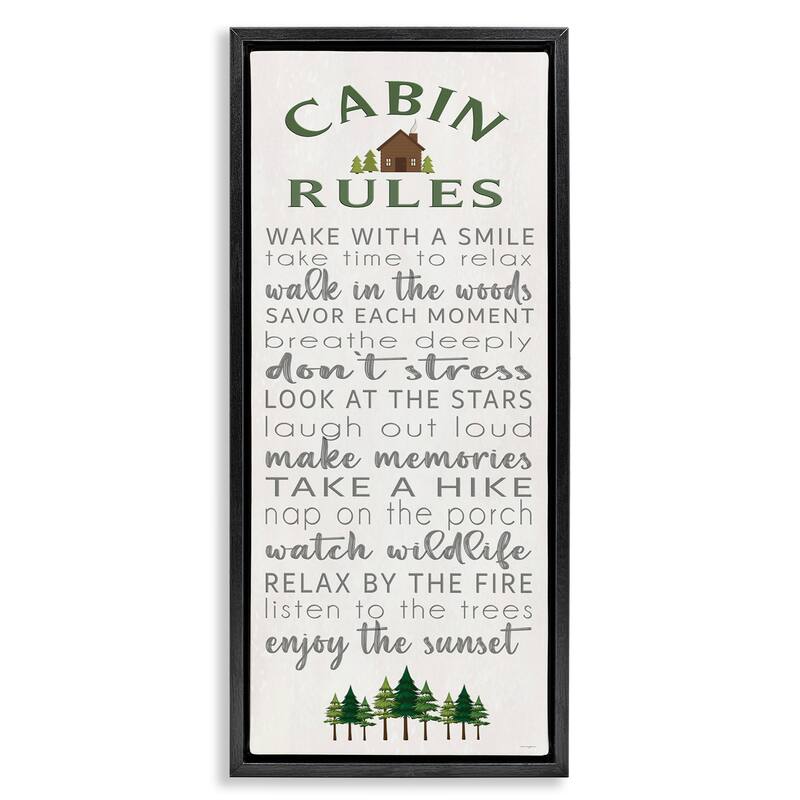 Stupell Fun Rustic Cabin Rules Framed Floater Canvas Wall Art Design By Seven Trees Design - 11 x 25 - Black