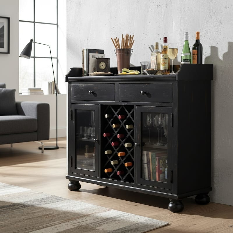 Black Solid Wood Distressed Liquor Sideboard Cabinet by Howard Miller - Black