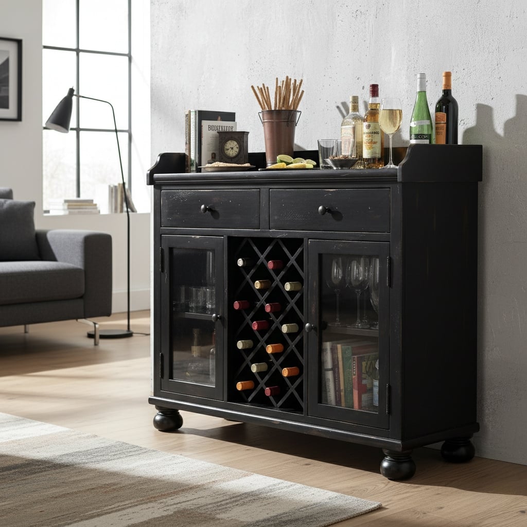 Black Solid Wood Distressed Liquor Sideboard Cabinet by Howard Miller