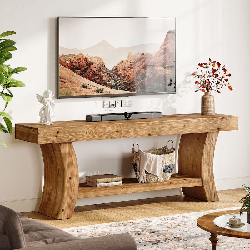 63" Solid Wood TV Stand Low Storage Entertainment Center for Living Room - Brown