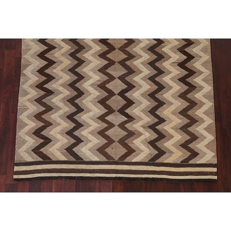 Natural Dye Chevron Kilim Contemporary Area Rug Flat-weave Wool Carpet - 5'1" x 6'8"