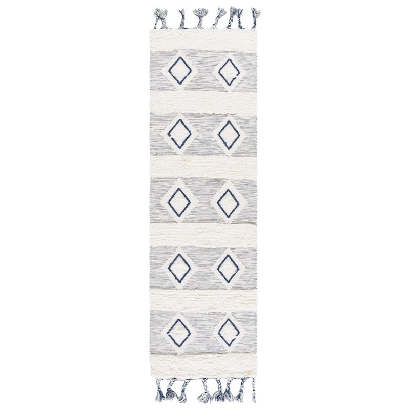 SAFAVIEH Handmade Natura Shakhla Moroccan Wool Rug - 2'3" x 8' Runner - Ivory/Blue