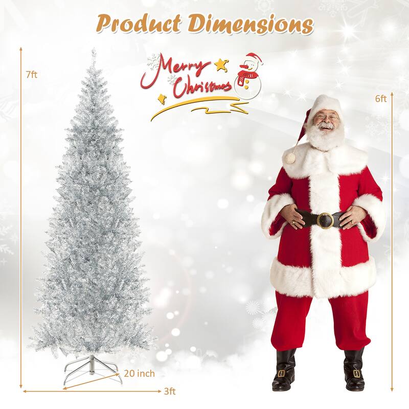 Gymax 7 FT Pre-lit Artificial Silver Tinsel Christmas Tree Slim Pencil