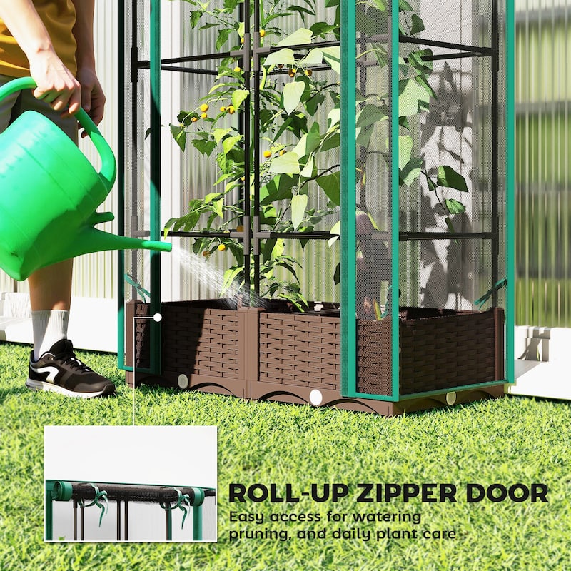 Outsunny Raised Garden Bed with Trellis,Tomato Cage with Crop Cage, Self Watering Planter Box with Drainage Holes and Plugs