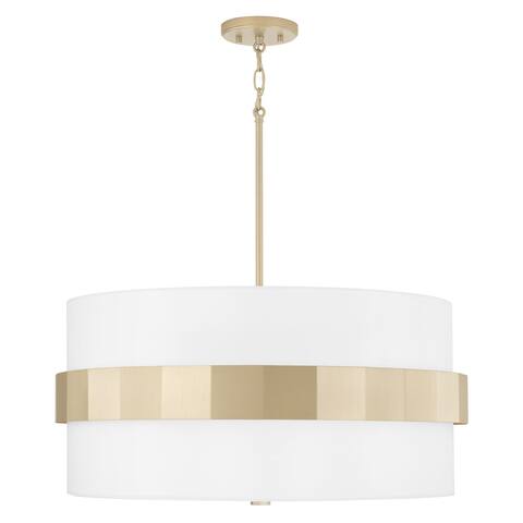 Sutton 4-light Soft Gold Large Drum Pendant w/ White Fabric Shade & Frosted Glass Diffuser