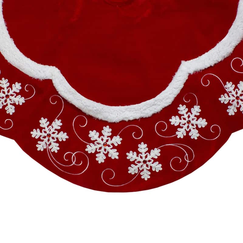 48-Inch Velvet Red and White Snowflake Scallop Christmas Tree Skirt - 48"