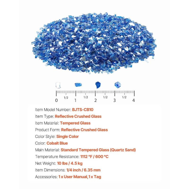Cobalt Blue Tempered Crushed Fire Glass 10 lbs Heat Resistant - 1/4 inch