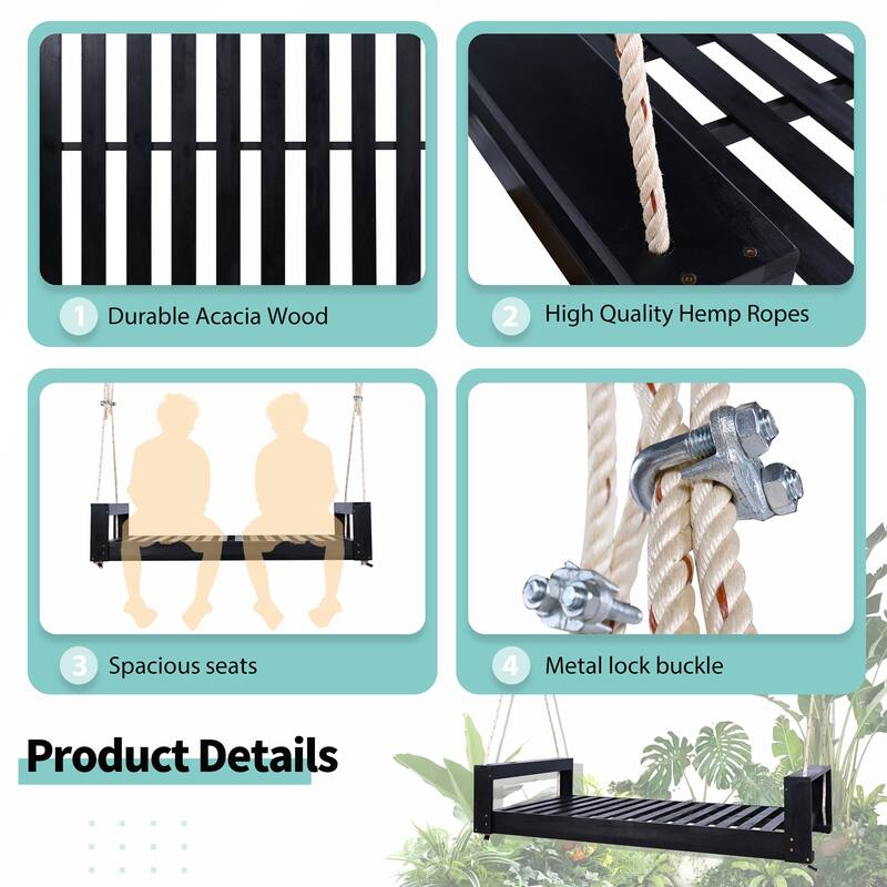 Twin Size Porch Swing Bed Seating Group with Hemp Ropes for Garden and Backyard