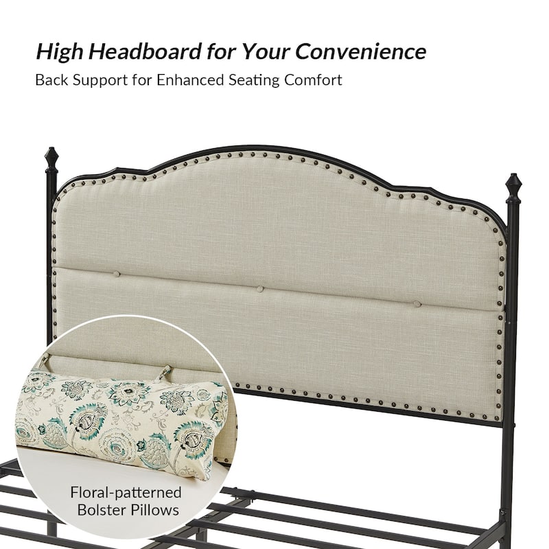 Eulalia Transitional Upholstered Platform Metal Bed Frame Four Poster Bed with High Headboard&Pillow