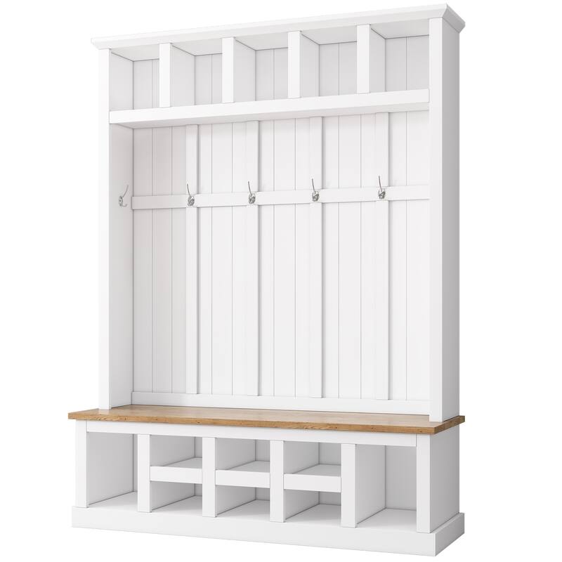 Hall Tree Hallway Storage Bench with Shoe Cubbies and Coat Rack with Hooks
