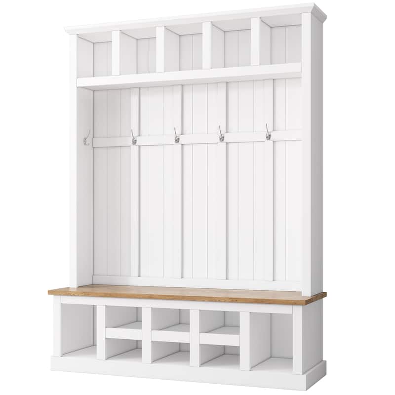 Hall Tree Storage Cabinet with 4 Hidden Hooks, Bench, and Open Compartments