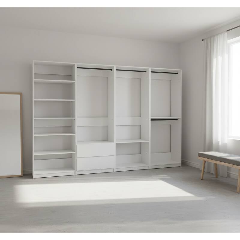 Prosper White Freestanding Walk in Wood Closet System - 125.6"W x 15.7"D x 83" H