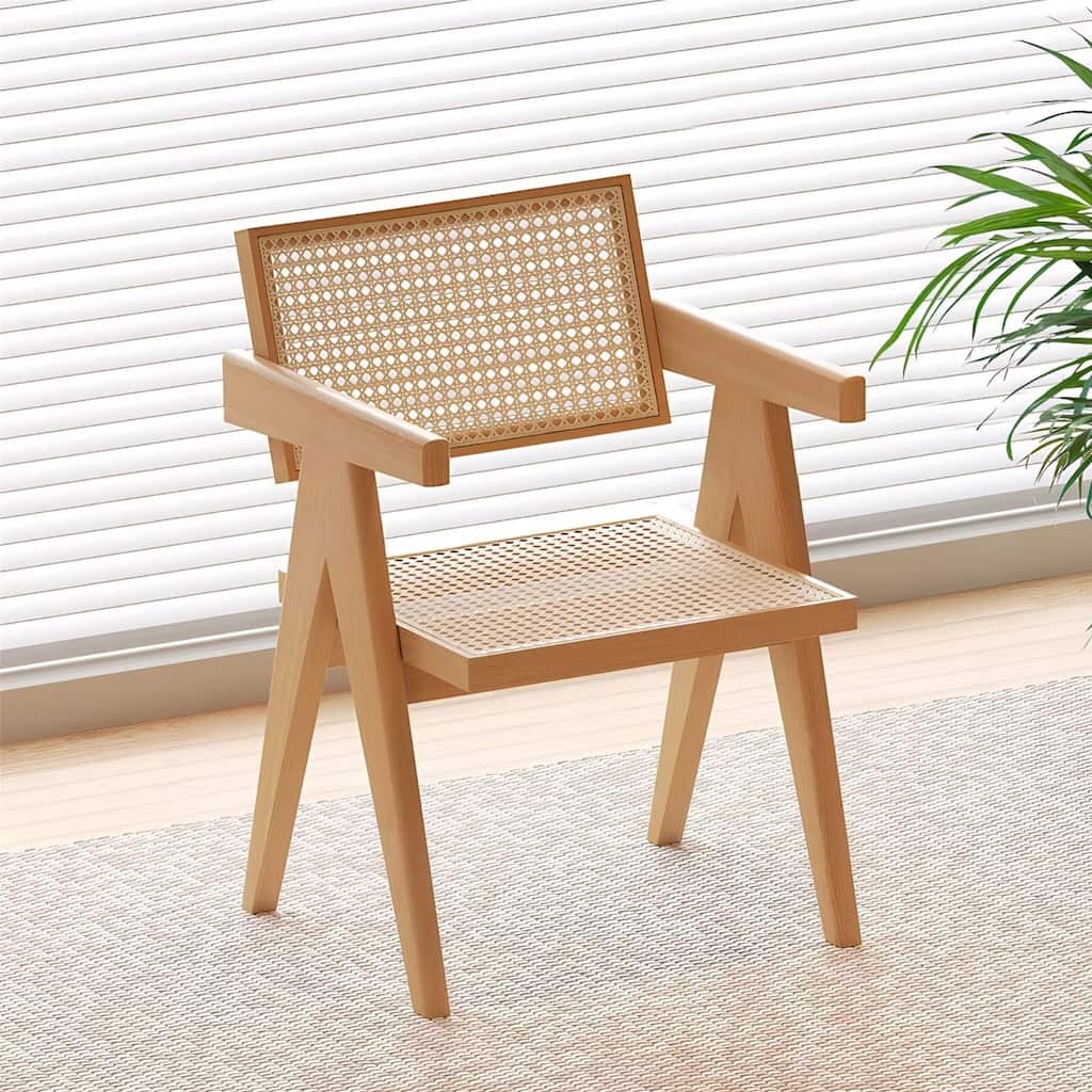 Modern Mid Century Wood Rattan Accent Dining Chairs with Armrest