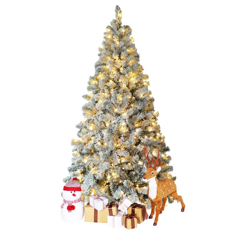 VEIKOUS 6.5FT/7.5FT Pre-lit Christmas Tree Snow Flocked/Artificial with Lights and Metal Stand