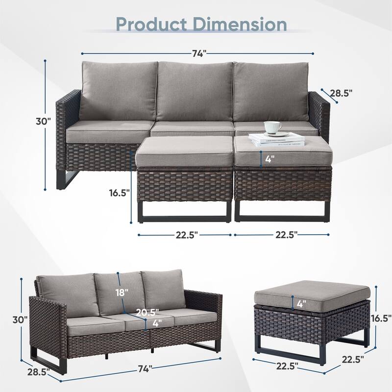 3 Pieces Patio Sofa with Ottoman Furniture