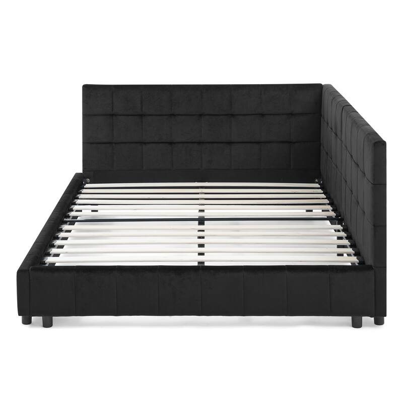 Upholstered Tufted Sofa Bed Frame, Full Size Velvet Fabric Daybed with Comfortable Backrest and Armrests, Wood Slats Support