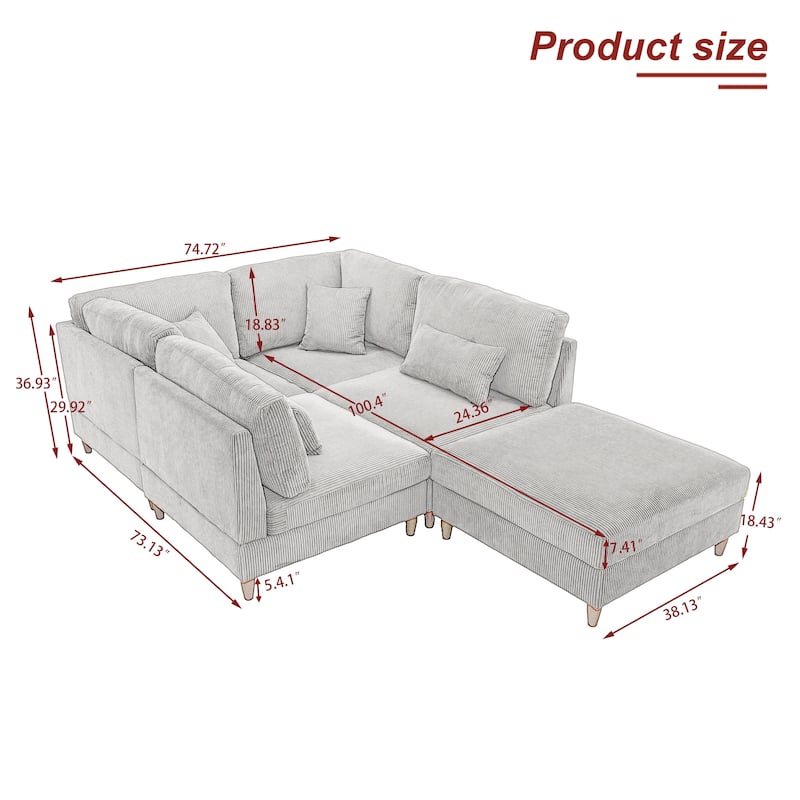 5-Piece Modern Comfy Corduroy Modular Sectional Sofa with Ottoman
