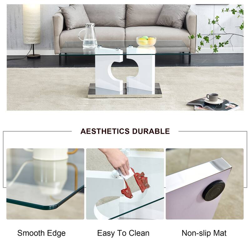 47.2" Modern Rectangular Coffee Table with Tempered Glass Tabletop and MDF Legs