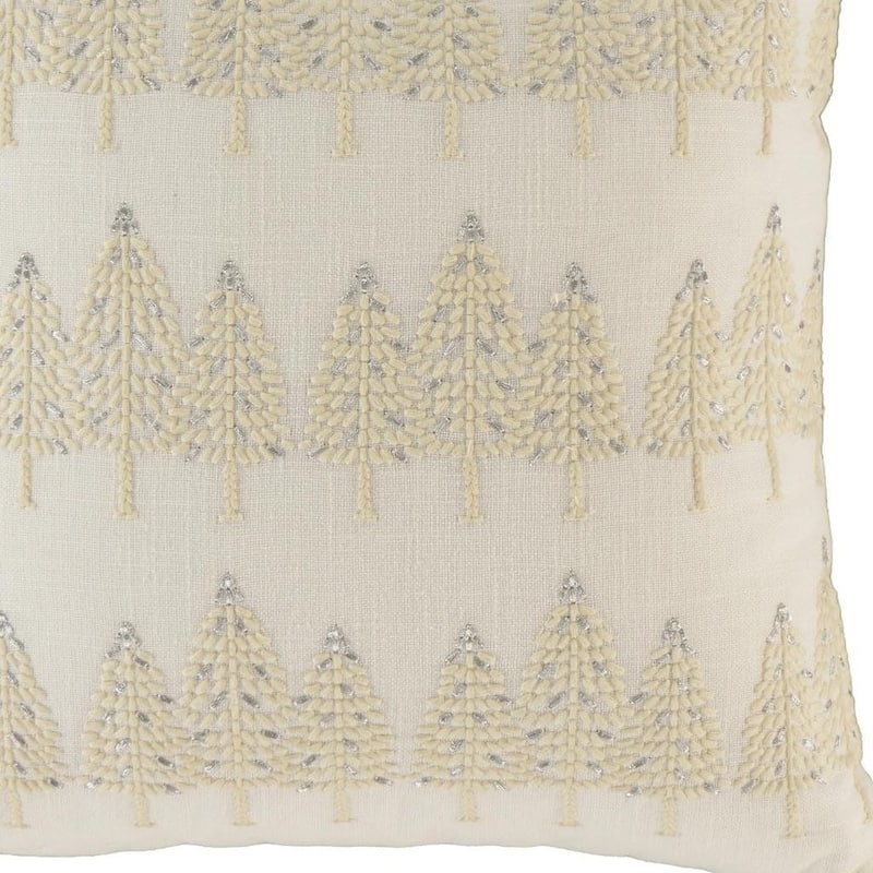 18" Ivory And Silver Cotton Christmas Trees Throw Pillow With Embroidery