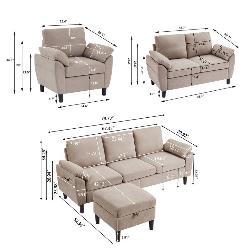 4-Piece Living Room Sectional Sofa Set with Loveseat and Chair