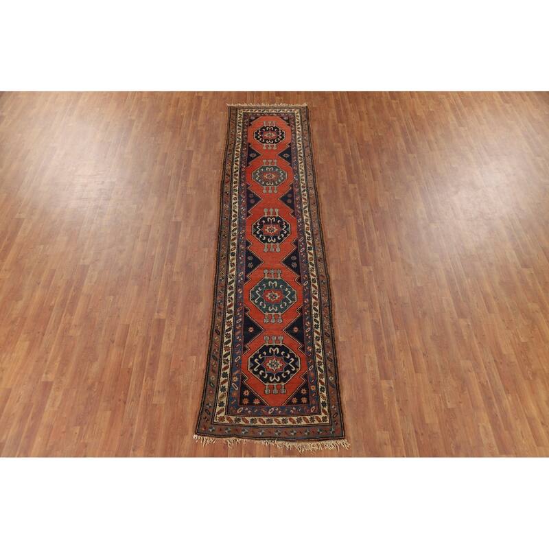 Orange Geometric Bakhtiari Vintage Persian Wool Carpet - 3'0" x 12'1"