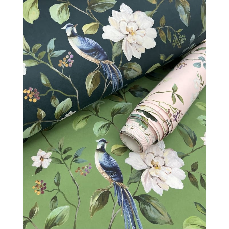 Daisy Bennett Designs Chinoiserie Bird Vine Premium Matte Non-Woven Peel and Stick Wallpaper