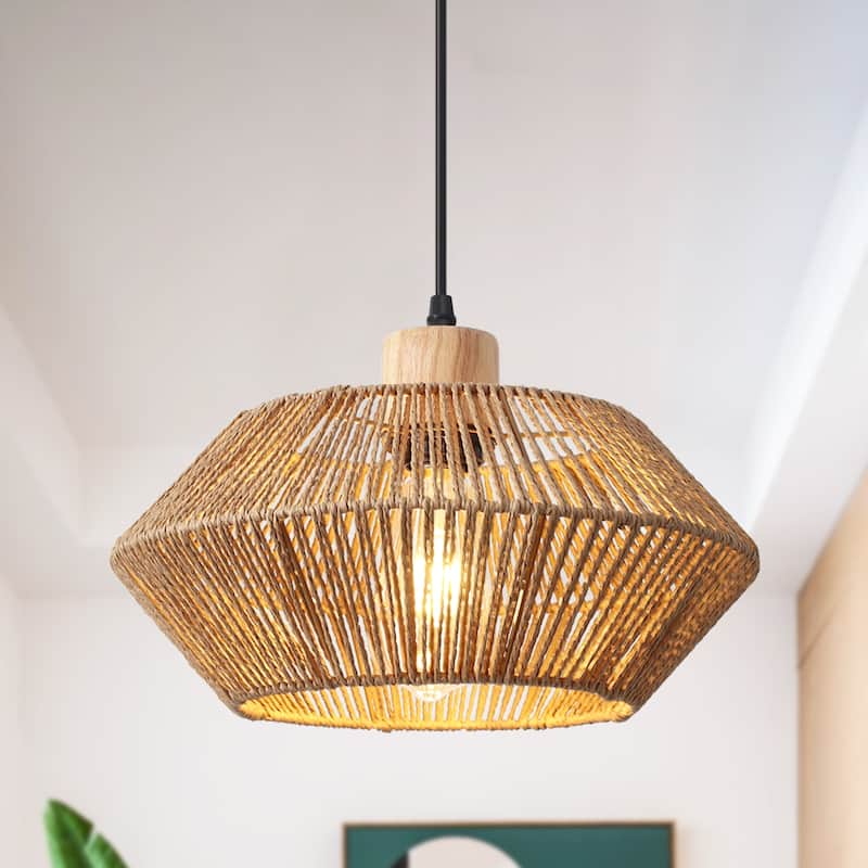 60 -Watt 1-Light Brown Shaded Pendant Light with Rattan Geometric Shade, Semi Flush Mount Chandelier for Dining Room Living Room - Brown