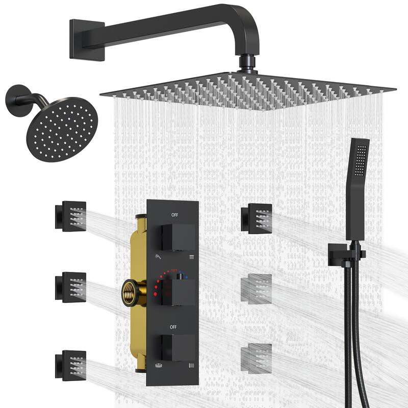 Dual Heads 12"Rainfall and High Pressure 6"Shower Faucet Dual Cascade System 3 Way Thermostatic Valve with 6 Body jets
