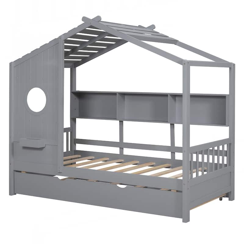 Wooden Twin Size House Bed With Trundle, Modern Design for Kids with Storage Shlef