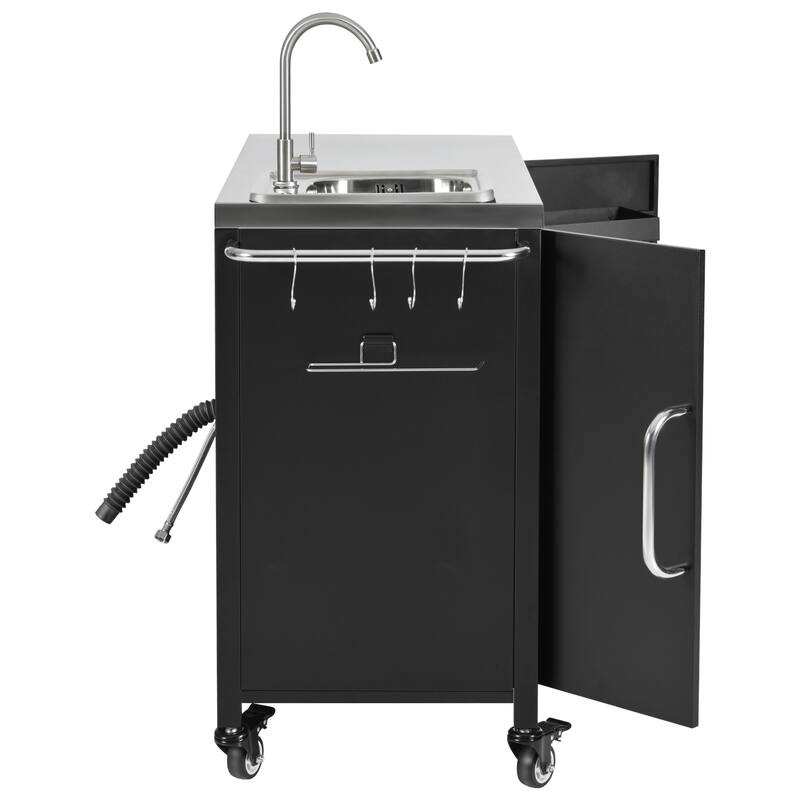 Metal Tabletop Kitchen Island with Stainless Steel Sink, Built-in Partition and Rolling Grill Cart, Pantry Storage Cabinet