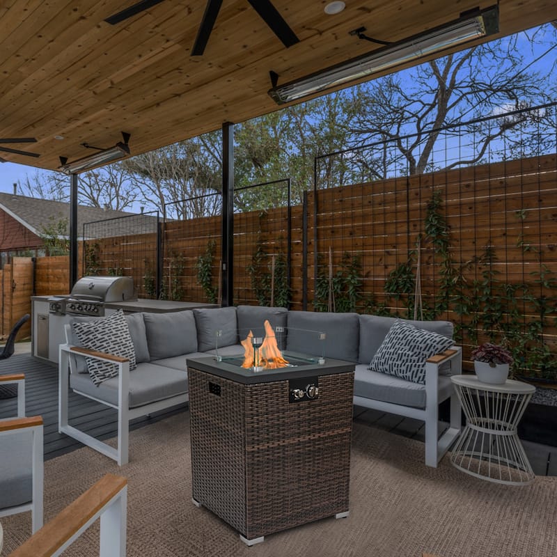 GDFStudio - Emberlyn Outdoor Wicker Fire Pit Column with Glass Wind Guard and Blue Glass Beads 40000 BTU - Dark Brown