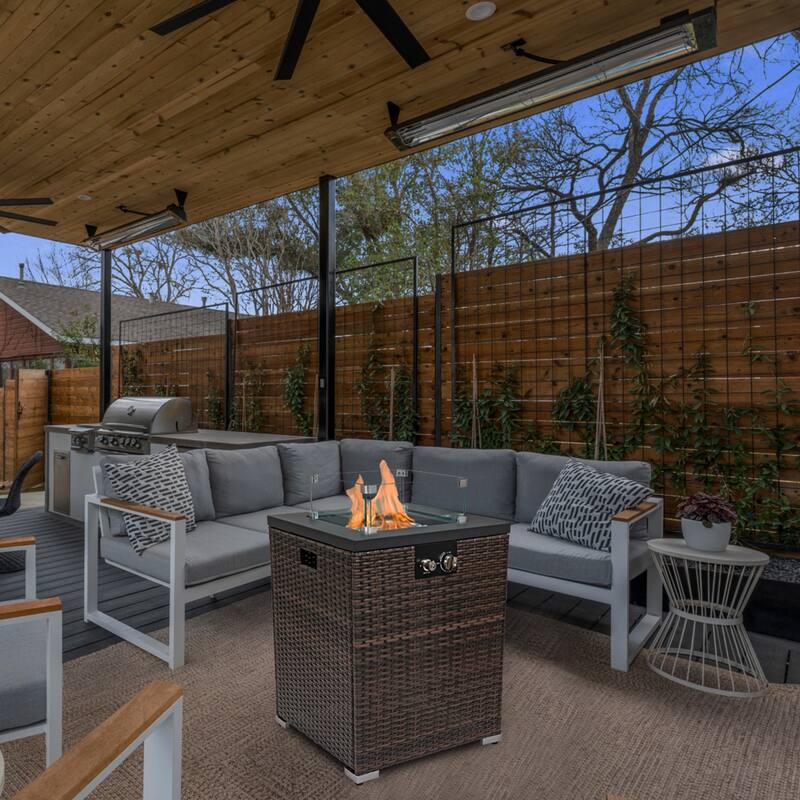 Wicker Fire Pit Column with Glass Wind Guard - Dark Brown