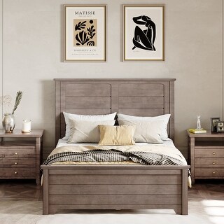 Queen Size Farmhouse Wooden Platform Bed with Panel Design Headboard ...
