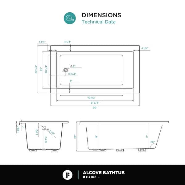 dimension image slide 3 of 6, Fine Fixtures Tile-In White Fiberglass/Acrylic Soaking Bathtub with Built-in Tile Flange