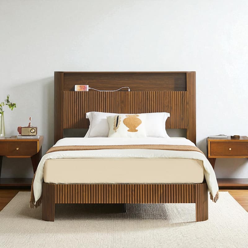 Full XL/Queen Bed Frame with Storage Headboard, USB Charging Station, Noise-Free Metal Platform with Curved Design