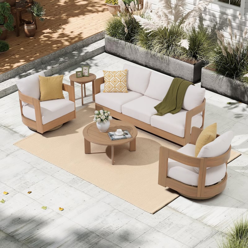Outdoor 5-Piece Conversation Set Sofa and Swivel Chair with Coffee Table in Eucalyptus Wood