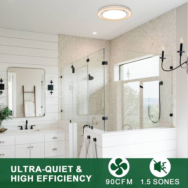 Akicon Bathroom Fan with Light, 90 CFM, 1.5 Sones Exhaust Fan,18W Dimmable 3CCT LED Light with 5W Night Light - N/A