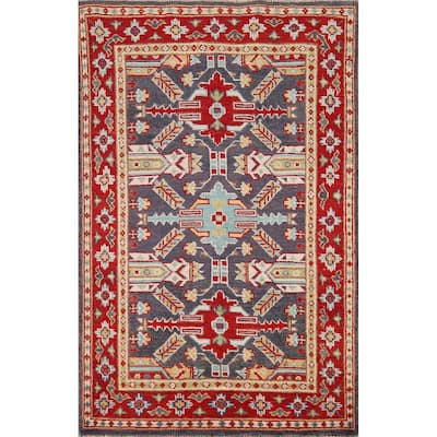 Geometric Kazak Accent Rug Hand-Knotted Blue Wool Carpet - 2'9" x 4'1"