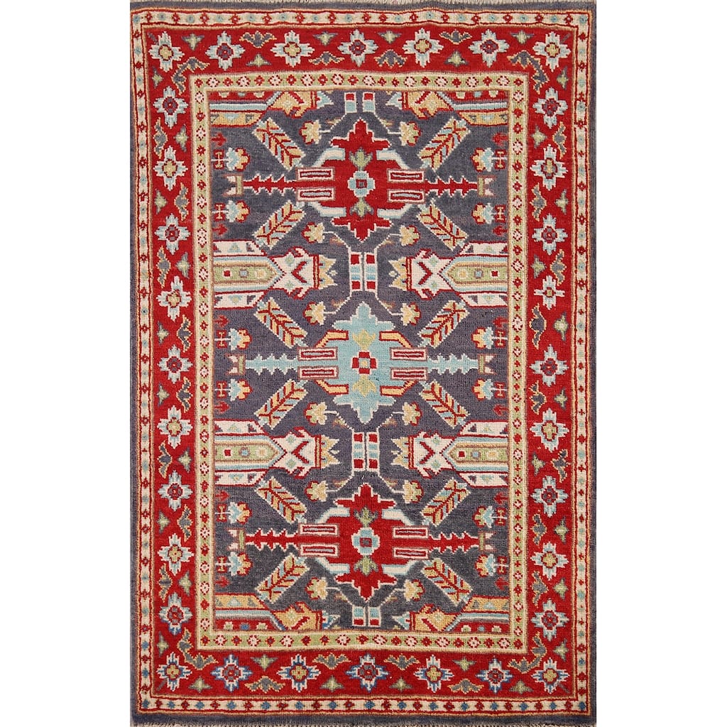 Geometric Kazak Accent Rug Hand-Knotted Blue Wool Carpet - 2'9" x 4'1"
